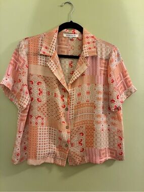 Rose & Olive Patchwork Button-Up Blouse - Coral & Cream
